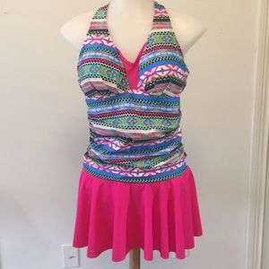 New One-piece Swimsuit Aztec Print Neck Tie Large